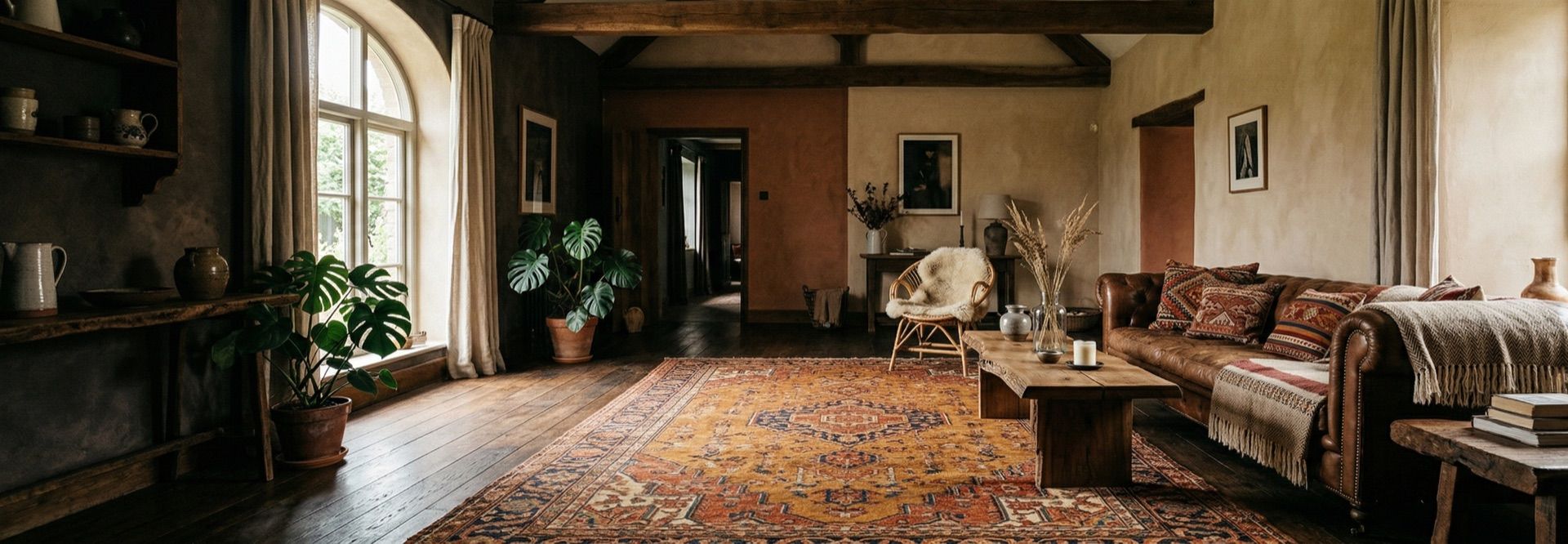 Luxury bohemian living room with vintage rug